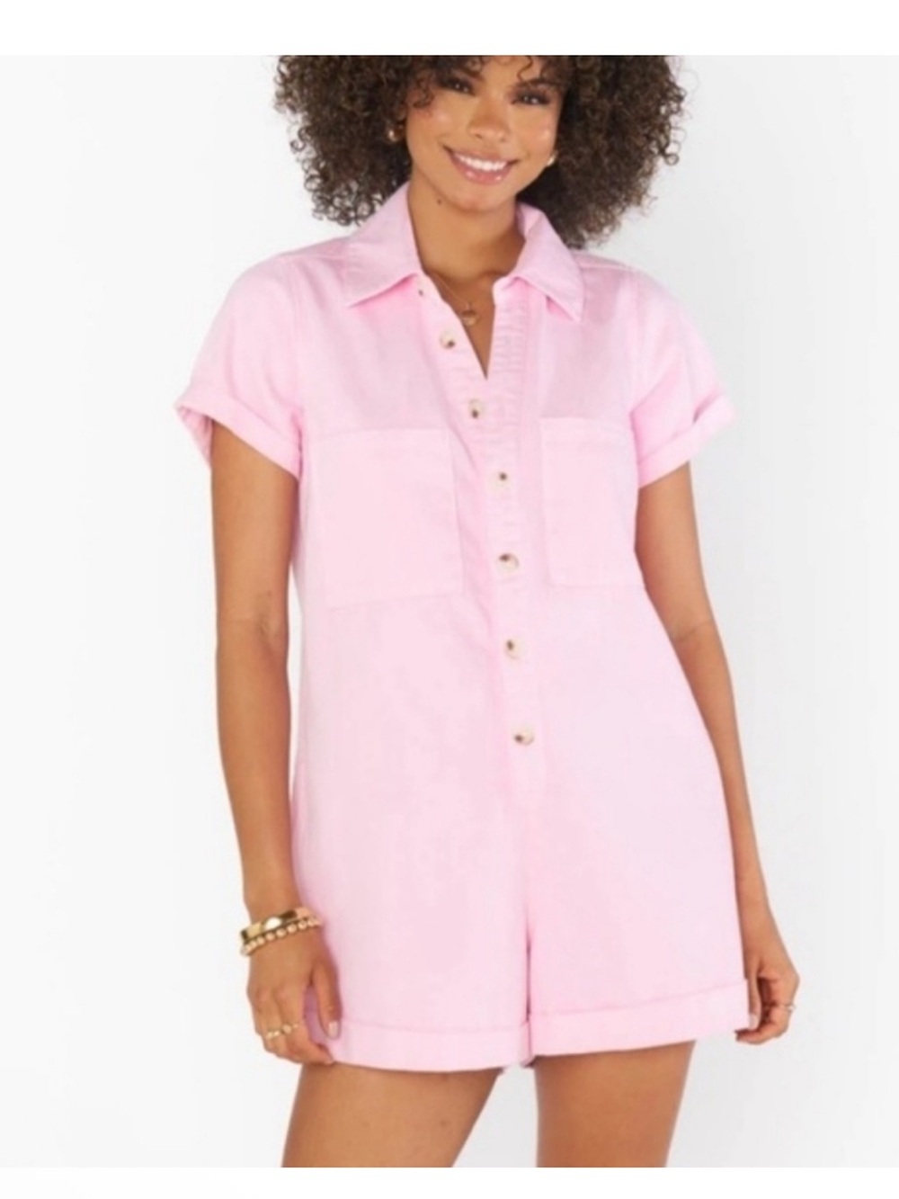 Show me your Mumu Pink Button-Up Short Sleeve Romper